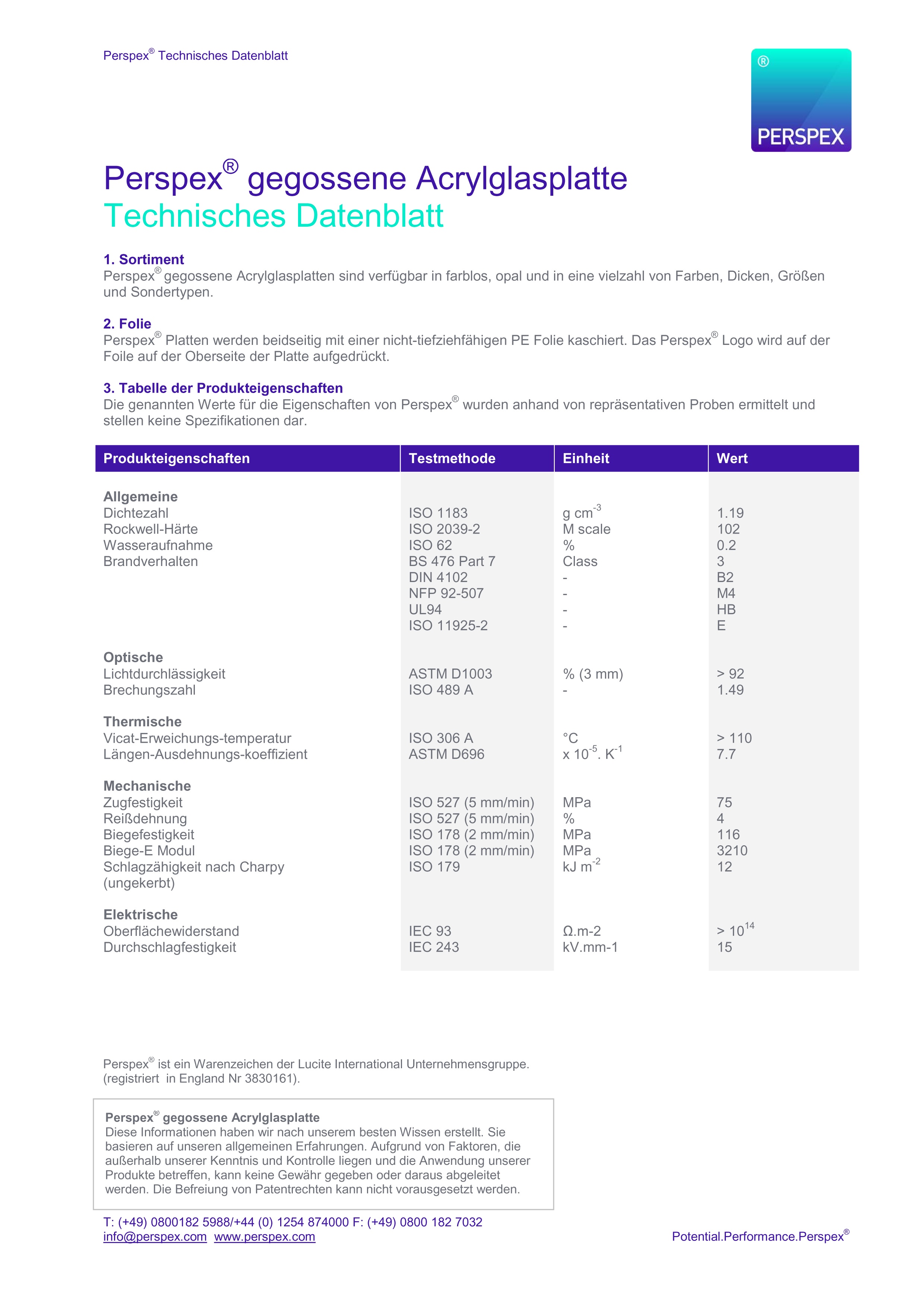 Perspex-GS-Datenblatt Acrylglas Perspex GS technisches Datenblatt